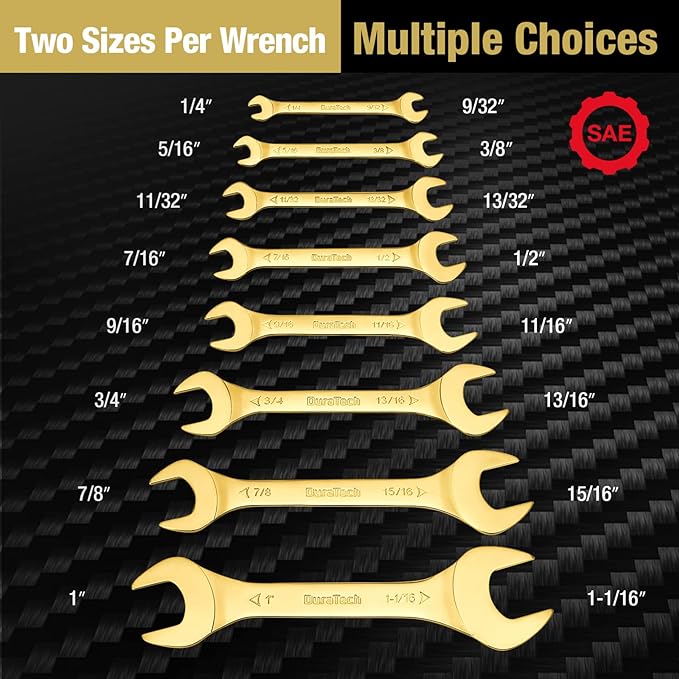 DURATECH Super-Thin Open End Wrench Set, SAE, 8-Piece, 1/4" to 1-1/16", Titanium Plating, with Rolling Pouch