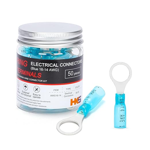 HKS 50 PCS Ring Terminals 3/8" Blue 16-14 AWG - M10 - Electrical Connectors - Heat Shrink Wire Connector Kit - Tinned Red Copper - Automotive Marine Ring Connectors - Waterproof and Insulated