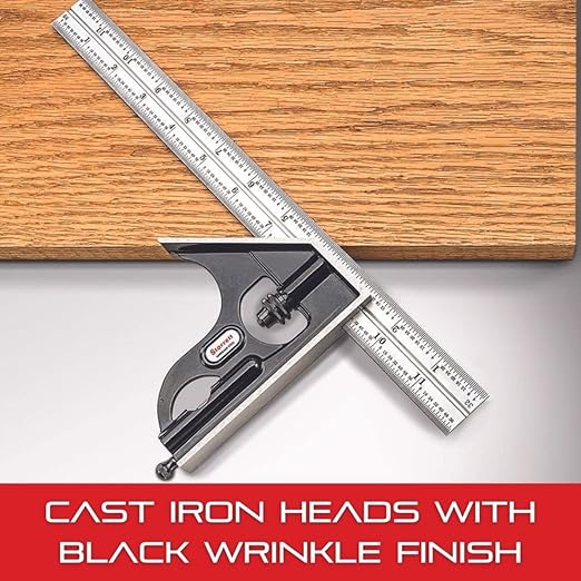 Starrett Steel Combination Square with Square Head - 6" Blade Length, Cast Iron Head, Hardened Steel, Reversible Lock Bolt, Scriber, 16R Graduation Type - C11H-6-16R
