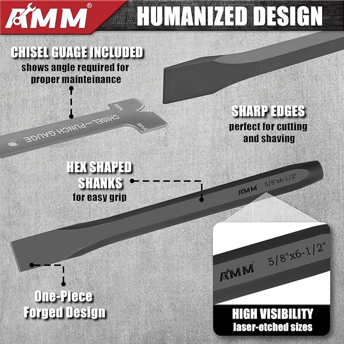 AMM 16PCS Punch and Chisel Set, including Taper Punch, Cold Chisels, Pin Punch and Center Punch, Cr-V for Working with Wood, Metal, Automotive