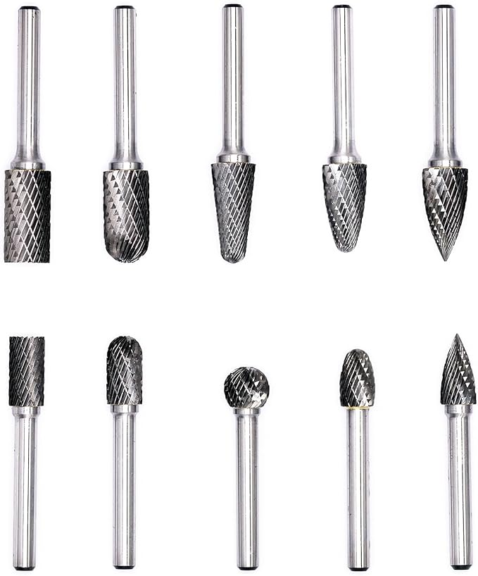 10pcs Carbide Burrs Set with 1/4'' Shank Double Cut Solid Power Tools Tungsten Carbide Rotary Files Bits for Die Grinder Metal Wood Carving Engraving Polishing Drilling Grinding Milling Cutting