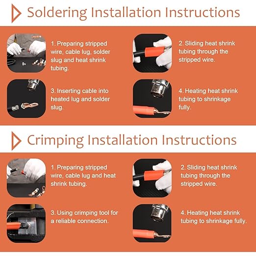 4 Pack 1/0 AWG 3/8 & 1/0 AWG 5/16 Lugs Tinned Copper Terminal Marine Battery Welding Lugs Terminal Connectors with 8 Pieces Ratio 3:1 Dual Wall Adhesive Heat Shrink