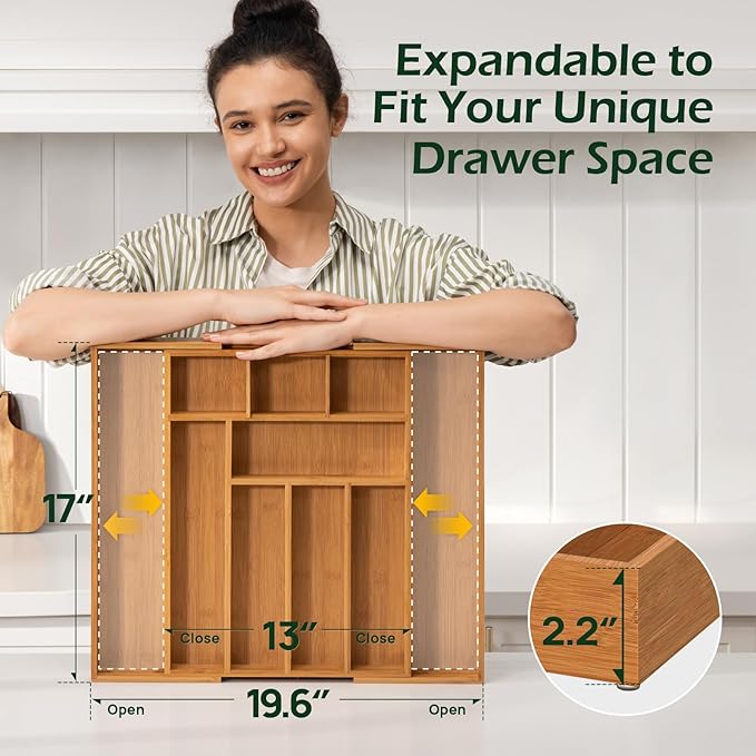Carbonized Bamboo Kitchen Drawer Organizer, 8-10 Slots Expandable Silverware Organizer, Utensil Holder & Cutlery Tray, 2.2" Deep for Extra Capacity, Non-Slip Feet Included