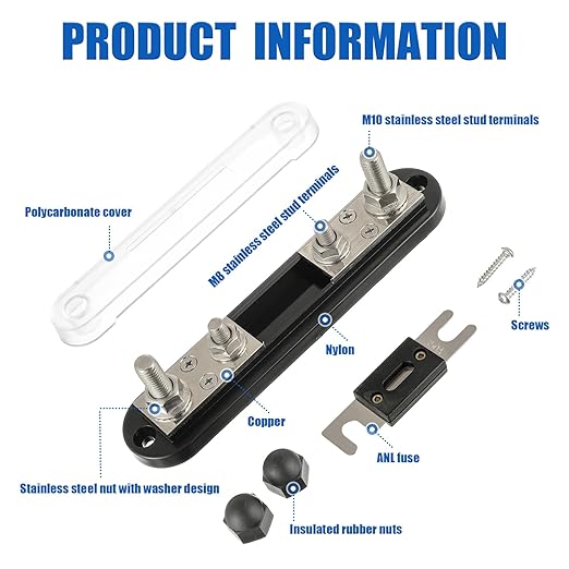 BOJACK ANL Fuse Holder with 350 Amp ANL Fuse, ANL Fuse Block with 2 Pieces 350A ANL Fuse, M10 Stud Terminals Maximum Current 750A, for Trucks, Cars, Ships, etc.