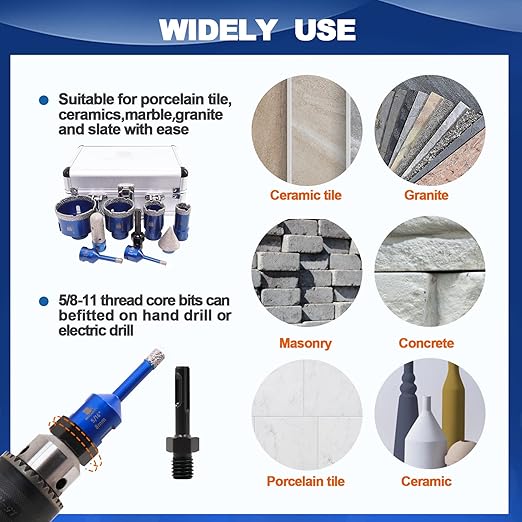 Diamond Core Drill Bit Set BRSCHNITT Diamond Hole Saw for Porcelain Tile Ceramic Marble Granite Drilling with 5/8-11 Thread(6/8/25/35/50/65 Drill bits/20mm Finger bit+SDS Adapter.)