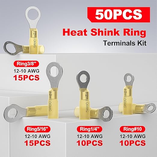 AIRIC 12-10 AWG Heat Shrink Ring Terminals Kit #10, 1/4", 5/16", 3/8", Copper Terminal Connector Ends, Battery Cable Lugs, Yellow Electrical Crimp Connectors, Wire Lug for 12, 10 Gauge Wires, 50 PCS