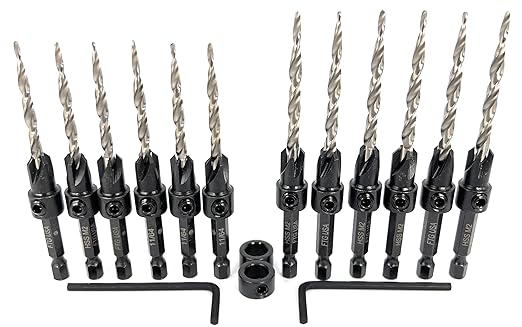 FTG USA Countersink Drill Bit Set 6 Pc #8 (11/64"), 6 Pc #10 (3/16") Tapered Countersink Bit, Stop Collar, Hex Wrench, Woodworking Countersink Drill Bits