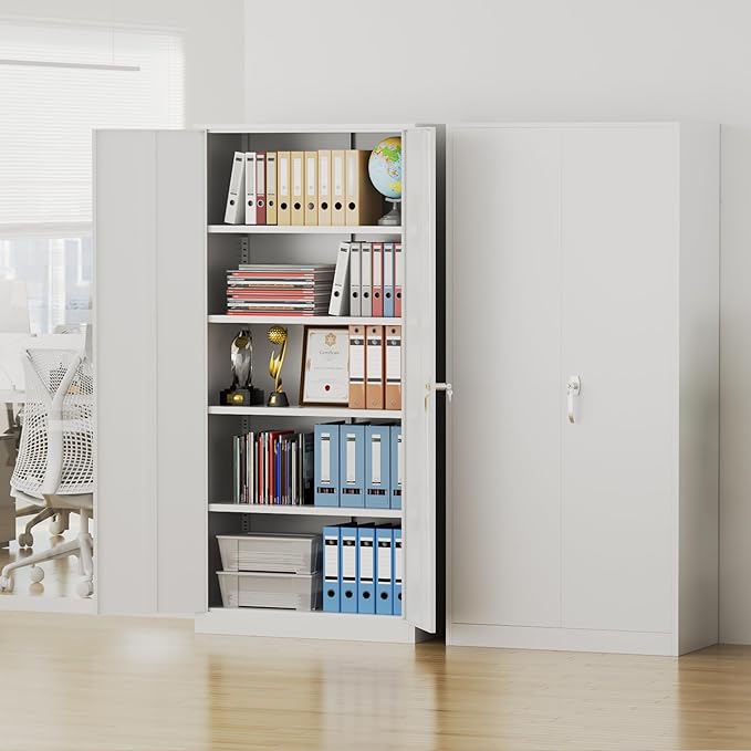Pataku Metal Storage Cabinet, Garage Cabinet with Doors and Shelves Lockable Steel Multifunctional Cabinets, White File Cabinets for Home, Office, Garage, Warehouse