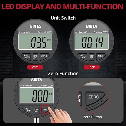 BINTA Digital Dial Indicator 1inch/0.0005inch, LCD Screen Zinc Alloy Digital Indicator with Rear Cover for Industrial,Mechanical, 3D, Laboratory Settings (Black)