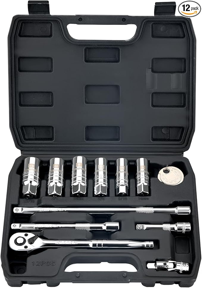 AEROFORCE 12PCS 3/8" Drive Spark Plug Socket Set with Ratchet Handle, Universal Joint, Extension Bar & Spark Plug Gapper, Fits 9/16", 5/8", 3/4", 13/16", 14mm, 18mm, CR-V Steel with Rubber Holder Ring