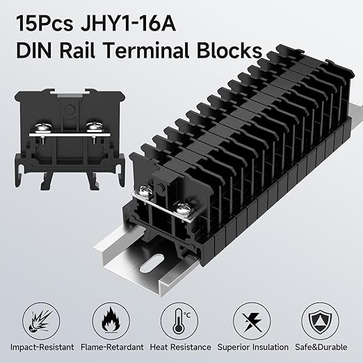 15Pcs JHY1 DIN Rail Terminal Blocks, 660V 16A, 2.5mm², Detachable & Assemblable Terminal Strip Blocks, 30Pcs 16-14 AWG Insulated Fork Spade Wire Connectors & 5.51 Inch DIN Rail Included