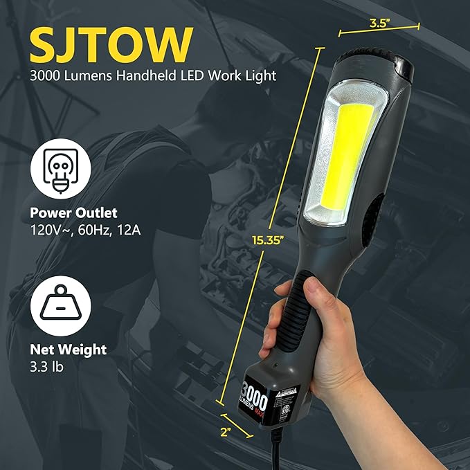 Portable Corded LED Work Light with Outlet in Handle, COB LED, 3000 Lumen 25ft 16AWG 3C SJTOW Cord Handheld Work Light, Strong Magnet, Swivel Hook for Mechanic, Garage, Workshop, Car Repair