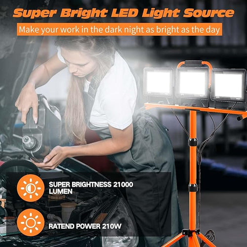 21000 Lumen Work Lights with Stand, 3 Adjustable Head LED Work Light, Foldable Tripod Stand, Waterproof Lamp with 6500 Kelvin Color Temperature (3 Adjustable Head)