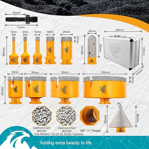 Diamond Tile Hole Saw Kit 12pcs - Diamond Core Drill Bits 6/8/10/19/25/35/50/65/102mm for Tile Porcelain Marble with 20mm Finger Bit and 50mm Chamfer Bit Trimming Holes and SDS Adapter