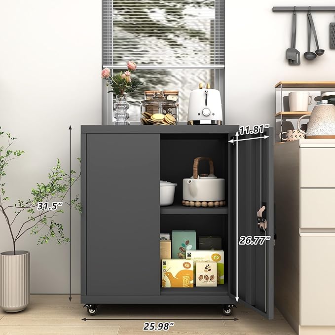GREATMEET Metal Garage Storage Cabinets with Wheels, 31.5" H Locking Storage Cabinet with Doors and Adjustable Shelves for Garage, Office, Home (Black)