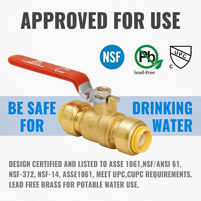 SUNGATOR Ball Valve 1/2 Inch, 1/2" Shut Off Valve, Water Shutoff, No Lead Brass Push-to-Connect Plumbing Fittings for Pex Pipe, Copper, CPVC, with 1 Disconnect Clip, Pack of 2
