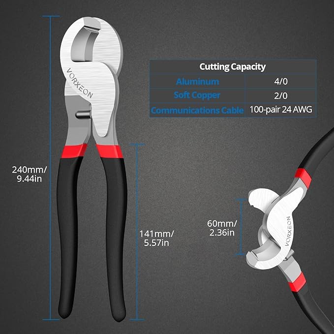 Cable Cutters 10 Inches Black, Heavy Duty High Leverage Cutter Tool Big Wire Cutters for Aluminum, Copper, Communications and Ethernet Cable
