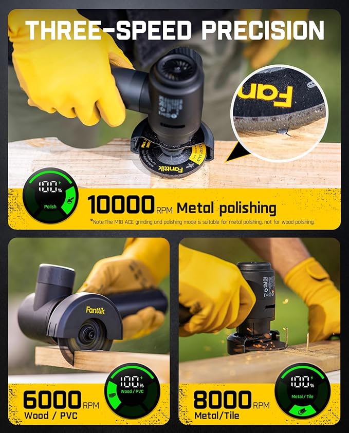 Fanttik M10 ACE Cordless Angle Grinder Brushless, 3 Inch Compact Cut Off Tool with LED Display, 3 Variable Modes, Double Security, Type-C Fast Charging, 10000RPM Mini Cutter with 4 Blades