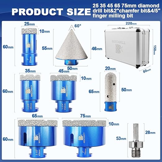 Diamond Drill bits kit for Porcelain Porcelain Tile Ceramic Marble Brick Concrete Vacuum Brazed Hole Saw (25/35/45/65/75mm+20mm Finger Bits+50mm Beveling Chamfer Bit)