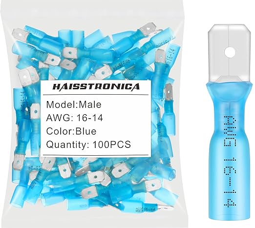 haisstronica 100pcs Blue Heat Shrink Male Spade Connectors,16-14 Gauge Insulated Electrical Crimp Wire Terminals
