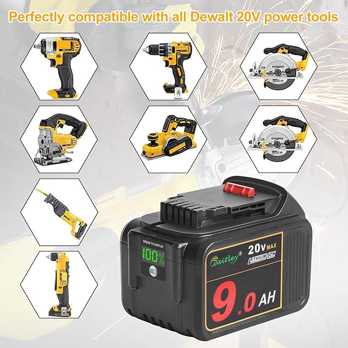 waitley 2 Pack 20V 9.0Ah DCB209 Replacement Battery Compatible with DCB200 20V DCD DCF DCG Series Cordless Power Tools with LED Indicator