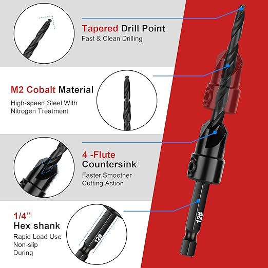 Countersink Drill Bit Set for Woodworking, 15 PCS M2 Cobalt HSS Tapered Drill Bits Kit with 2 Wood Plug Cutters, 1/4" Hex Shank Quick Change, Depth Stop Collars, 82° Counterbore & Storage Case