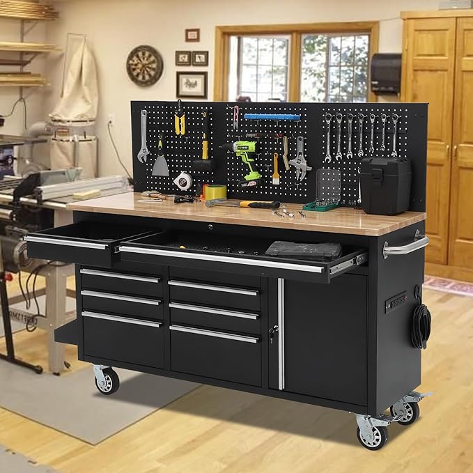 Heavy Duty 61" Tool Chest Cabinet, Mobile Garage Workbench with 10 Drawers and Power Strip, Rubber Wood Worktop, 1675 LBS Load, Rolling Tool Storage Organizer for Mechanic, Shop or Home Use