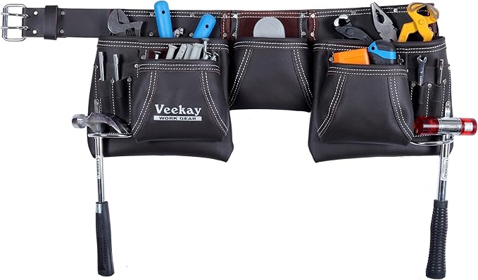VEEKAY Leather Tool Belt Brown 2-Inch wide belt with 12 Pockets Oil Tanned, Tool Pouch/Bag for 32 to 46 Inch Waist – Ideal for Construction, Carpenters, and Framers