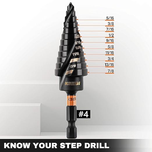 KSEIBI 12 Steps 3/16-7/8 inch SAE Standard Industrial Grade Step Drill Bit Ready Impact 1/4 inch Shank, 575078 High-Speed Steel Metal Drill Bits Black Oxide M2 Material