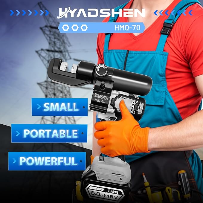 Electric Hydraulic Cable Lug Crimping Tool, Hydraulic Electrical Terminal Cable Lug Wire Crimper Rechargeable Crimping Tool Kits with 8 Dies, 12 AWG to 2/0 AWG（HMQ-70）