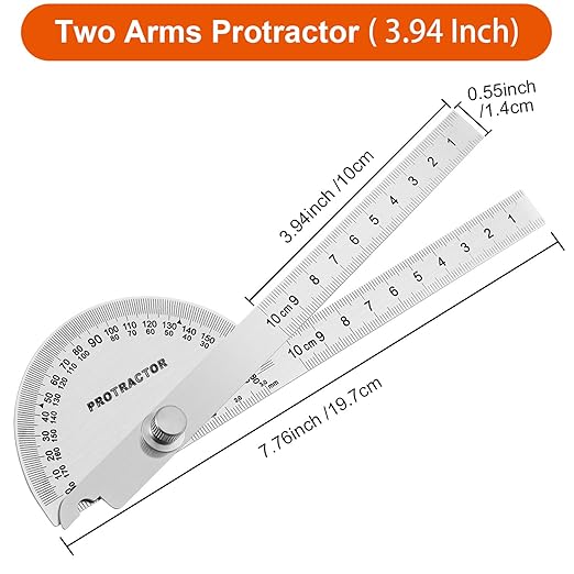 Angle Protractor Angle Finder Ruler Two Arm Stainless Steel Protractor Woodworking Ruler Measure Tool with 0-180 Degrees(10 cm/ 3.94 Inch)