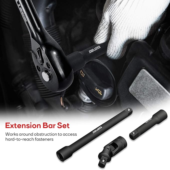 Eastvolt 46 Pieces Drive Socket Ratchet Wrench Set, Mechanic Tool Kits with 72 Teeth Reversible Ratchet, Extension Bar Set and Storage Case, Metric/SAE