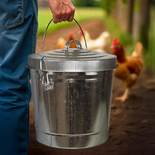 Plexon Metal Trash Can with Locking Lid Outdoor Storage Bucket for Bird Seed Ash 6-Gallon Galvanized Steel 3 Pack
