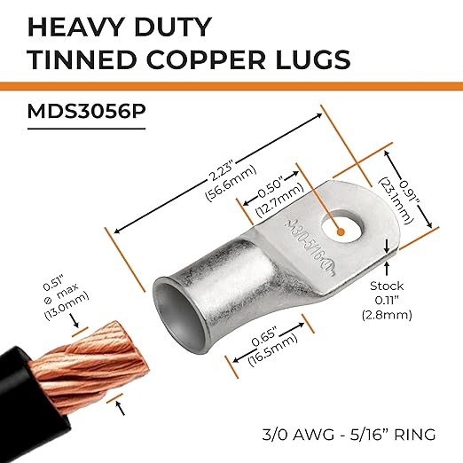 SELTERM 25pcs 3/0 AWG 5/16" Stud Marine Grade Tinned Copper Battery Cable Lugs, 000 Gauge Ring Terminals, UL Wire Lugs Electrical Battery Cable Ends, Tinned Copper Lugs Battery Terminal Connectors