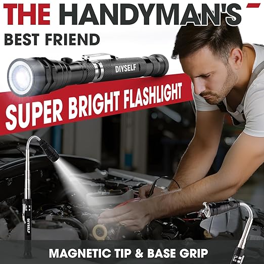 DIYSELF Telescoping Magnetic Pickup Tool, Flexible LED Magnetic Pickup Tool with 360 Swivel Adjustable Inspection Mirror, Telescoping Magnet for Men, Great Gifts for Dad, Husband, 5-in-1 Set
