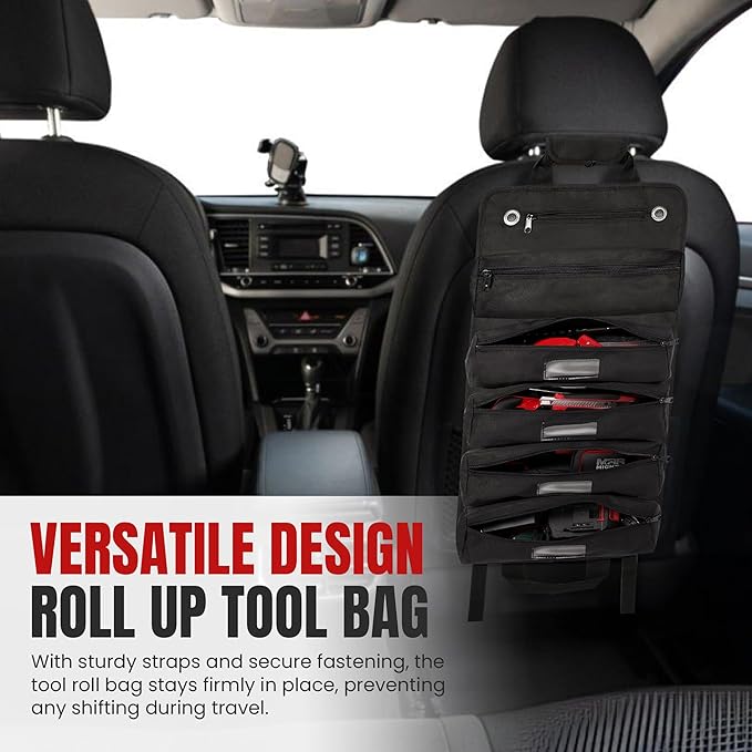 Tool Roll Bag Organizer with Magnetic Plate – Heavy Duty Polyester, Ideal Gifts For Men, Portable Tool Roll Up Bag with 5 Large Pouches & 4 Tool Strap – Black (26 Inches)