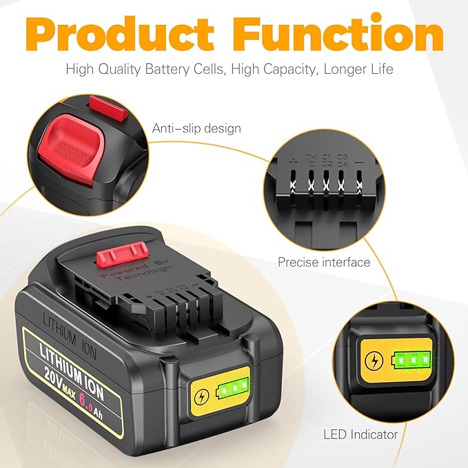 Fancy Buying 6.0Ah 20V Max Battery for DEWALT Battery Replacement for Dewalt 20 Volt Tools DCB206 DCB205 DCB204 DCB203 DCB201 DCB200 DCB181 DCB180 DCD DCF DCG DCS Series 6 Pack