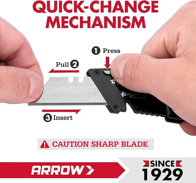 ARROW Folding Utility Knife, Quick-Change Box Cutter with Belt Clip, Liner Lock, Heavy Duty Aluminum Razor Knife with Comfortable Handle, 10 Extra SK2 Blades Included