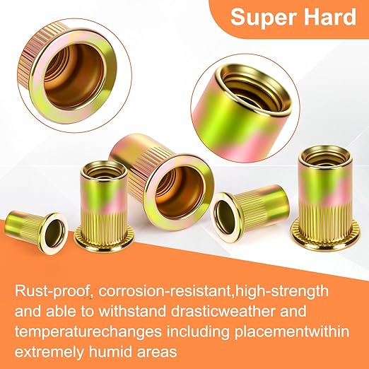 Metric Rivet Nut Assortment Kit, 105Pcs Carbon Steel SAE Rivet Nut, M3 M4 M5 M6 M8 UNC Flat Head Rivnut Set, Threaded Insertion Nut Sets for Automotive, Mechanical and Other Equipment