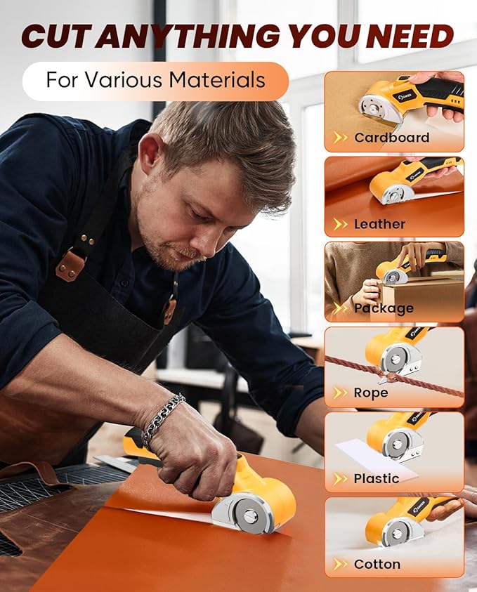 Saker Cordless Electric Scissors,Cardboard Box Cutter,4V Rechargeable Rotary Cutter with Safety Lock & LED Light,Cardboard Cutter for Cutting of Fabric, Leather, Carpet, Plastic, and More