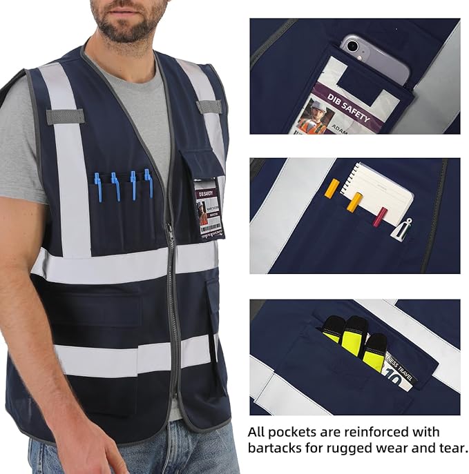 Dib Safety Reflective Vest High Visibility with Pockets and Zipper, Navy L
