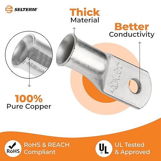 SELTERM 10pcs 2 AWG-#10 Stud Tinned Copper Wire Lugs, Heavy Duty Battery Cable Ends,2 Gauge Ring Terminals, UL Battery Lugs Marine Grade Copper Eyelets Electrical Battery Terminal Connectors