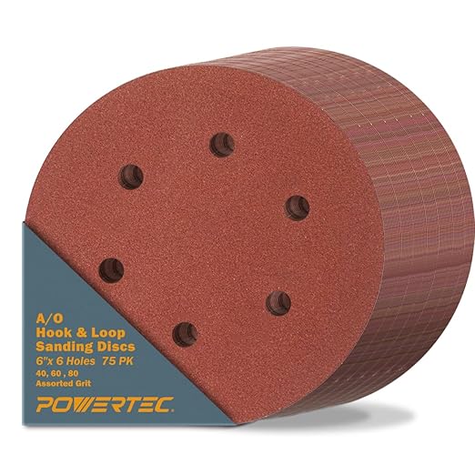 POWERTEC 40/60/80 Grit, 75 PK, 6 Inch Sanding Discs – Hook and Loop, 6-Hole Aluminum Oxide Orbital Sander Pads, Woodworking Round Sandpaper for Random Orbital, Air, Pneumatic & DA Sanders (45250)