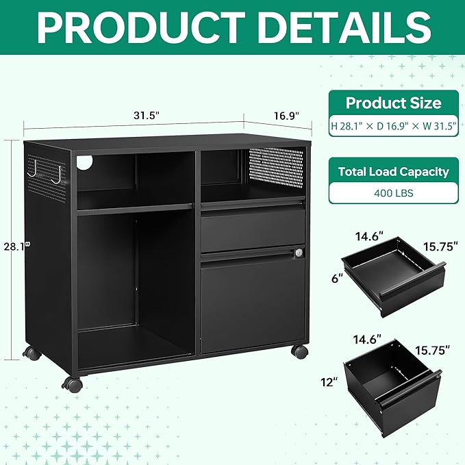 Letaya Mobile File Cabinet, Metal Lateral Rolling Printer Stand Filing Cabinets with Shelves for Home Office-Storage A4/F4/Letter (Black)