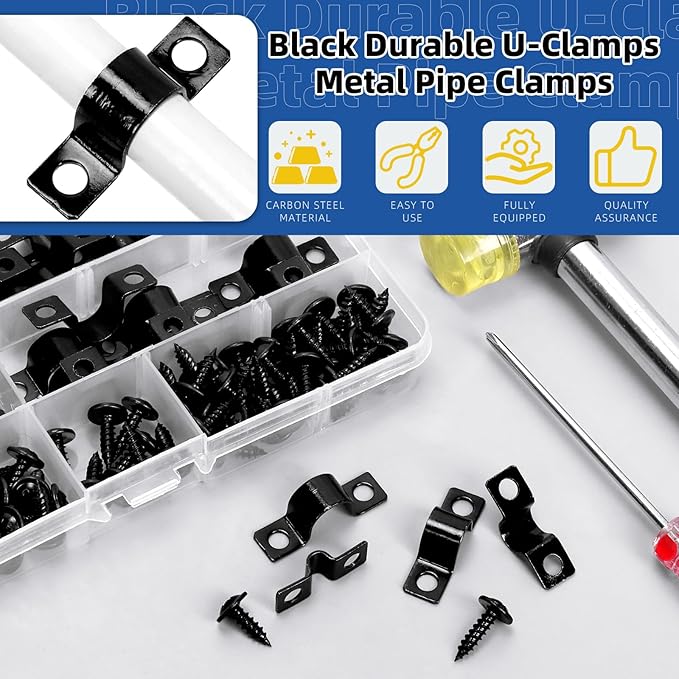 Glarks 120pcs 5/8/10/12mm Pipe Strap Clamp, Black Carbon Steel 2 Hole Strap Heavy Duty Rigid Pipe Strap U Bracket Tube Strap Cable Clamp Hanger Tension Tube Clip with screw for Pipe Tube Cable Fixing