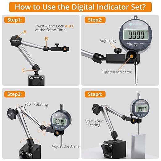 Neoteck Digital Dial Indicator Gauge and Magnetic Base Set with Storage Case 0-1 inch/ 25.4mm, 0.0005inch/0.01mm Inch/Metric Conversion Measuring Tool for 3D Printer Lathe Workshop Woodworking-Silver