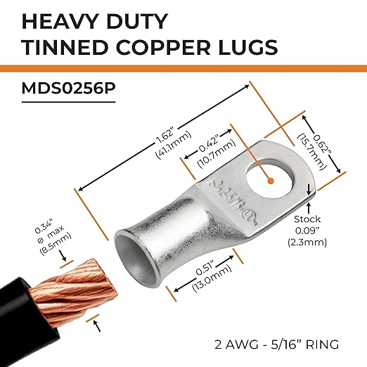 SELTERM 10pcs 2 AWG-5/16 Stud Tinned Copper Wire Lugs, Heavy Duty Battery Cable Ends,2 Gauge Ring Terminals, UL Battery Lugs Marine Grade Copper Eyelets Electrical Battery Terminal Connectors