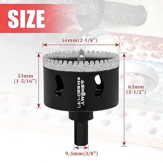 2-1/8 Inch Diamond Hole Saw with Pilot Drill Bit, 2-1/8" Serrated Brazing Tile Hole Saw Diamond Core Drill Bits with Guiding Bit for Ceramic Porcelain Tile Glass Stone Granite Marble