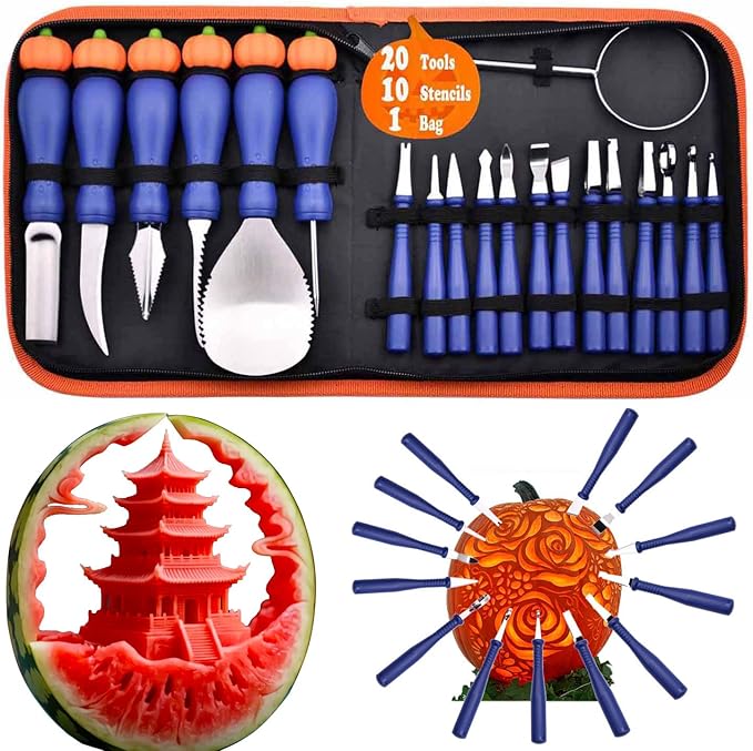 Pumpkin Carving Kit Heavy Duty Stainless Steel Tools with Carrying Case (Total 31 Pieces) Pumpkin Carver Pumpkin Sculpting Set Halloween Party Decorating Gift for Adults (Blue)
