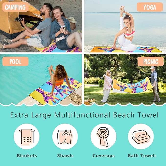 Cool Giraffe Beach Towel Oversized 36" x 72", Thin Lightweight Sand Free Quick Dry Microfiber Towel for Swimming Pool Cruise Camping Travel